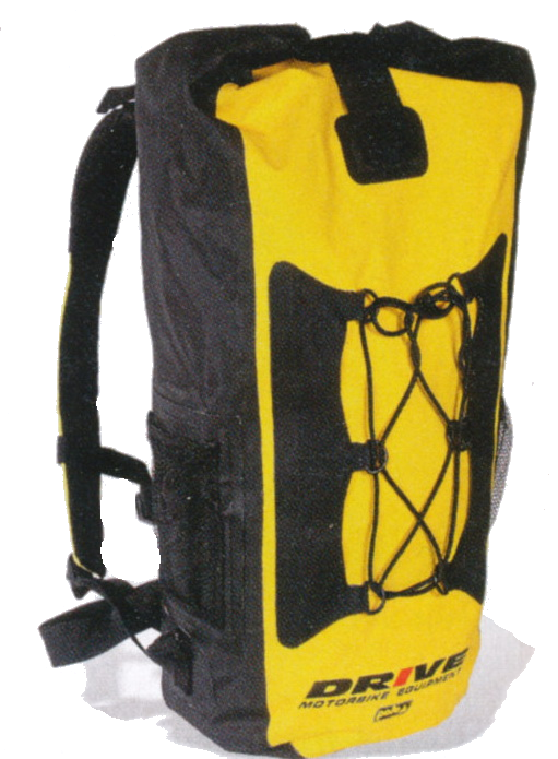 Ein gelb-schwarzer, sportlicher Rucksack für Motorradfahrer.