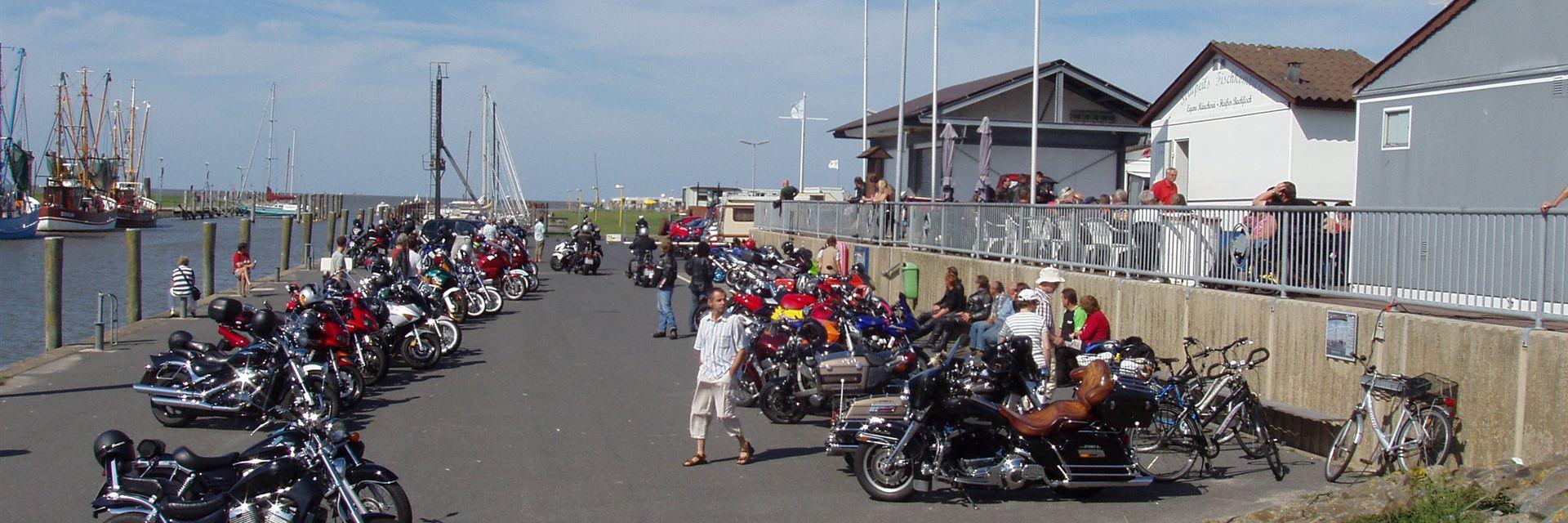 Buntes Treiben mit vielen Motorrädern und Menschen an einem Hafen am Wasser.
