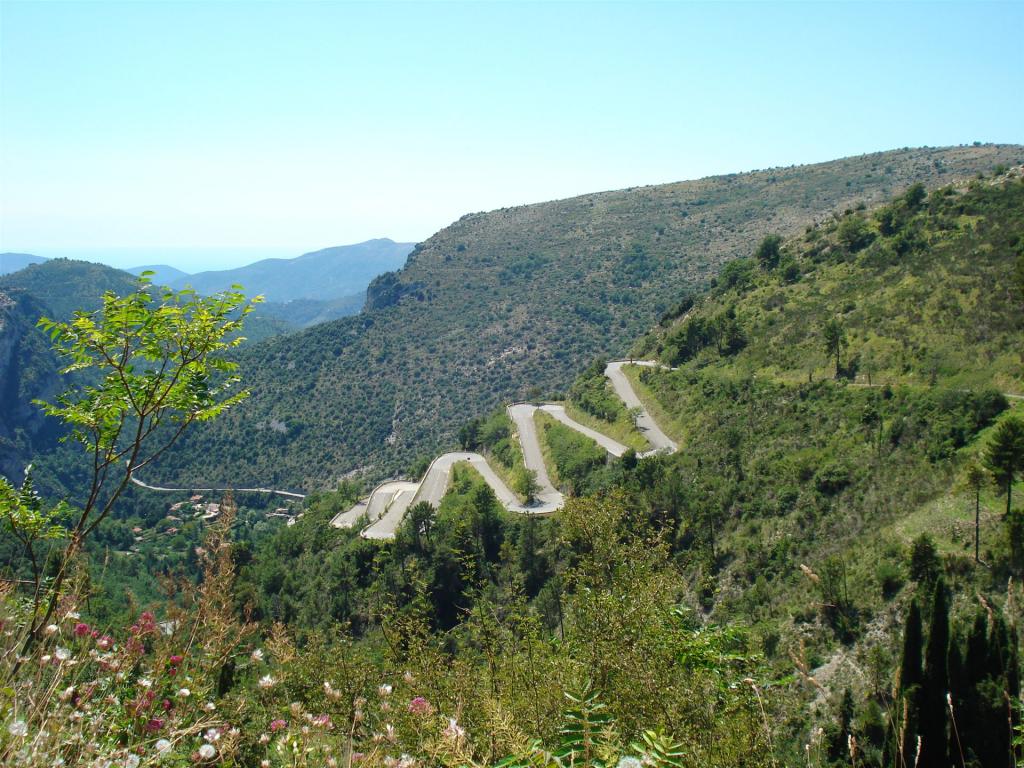 Serpentinenstraße auf einem grünen, bewaldeten Hügel mit Berglandschaft im Hintergrund