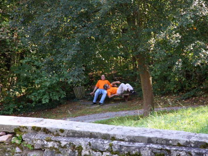 Zwei Personen in orangen T-Shirts sitzen entspannt auf einer Bank im Wald neben einem Baum.