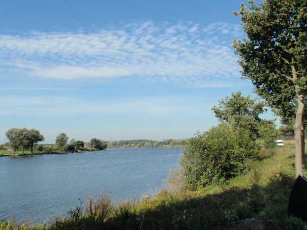 Breiter Fluss mit grünem Ufer und Bäumen unter blauem Himmel mit vereinzelten Wolken