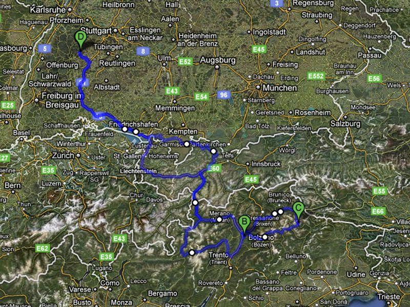 Kartenausschnitt mit einer blauen Reiseroute durch Süddeutschland und Norditalien, markiert mit den Punkten B, C und D.