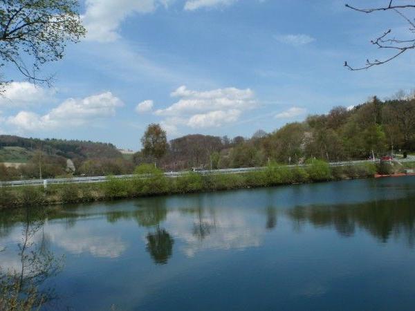 See mit Baumreflexionen und einer Straße im Hintergrund unter blauem Himmel