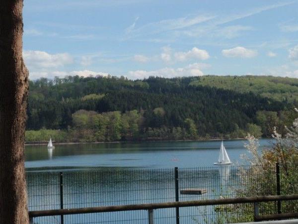 Blick auf einen See mit Segelbooten, umgeben von bewaldeten Hügeln unter blauem Himmel